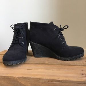 X-APPEAL Black Suede Lace Up Wedge Booties